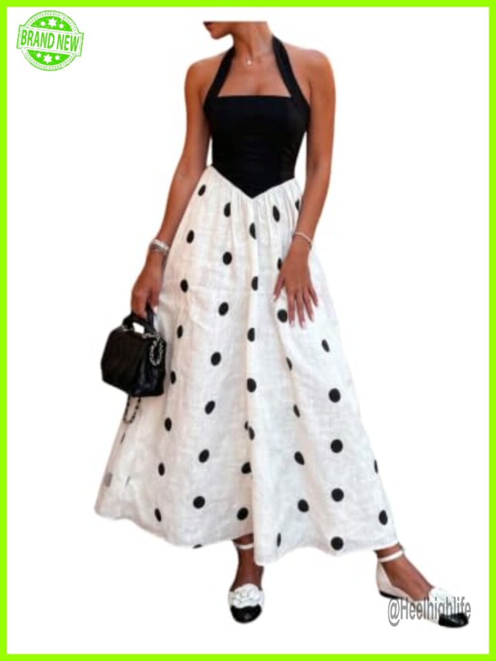 Women's Polka Dots Halter Long Dress A-Line Ruffle Hem Sleeveless
